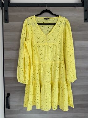 Lucky Brand Yellow Eyelet Tiered Long Sleeve Mini Dress, Size XL
